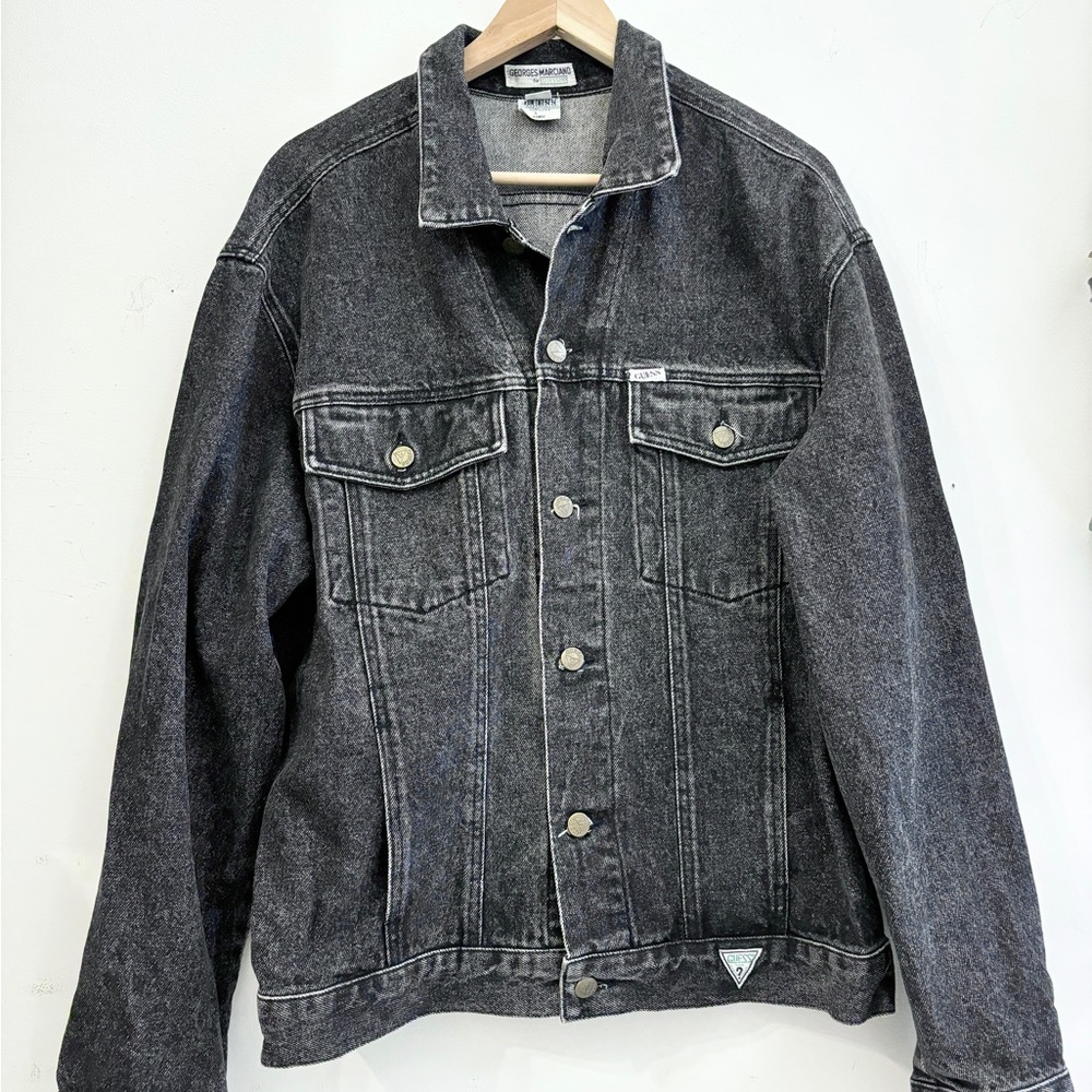 Vintage Guess By Georges Marciano Men's Black Denim Jean Trucker Jacket Large